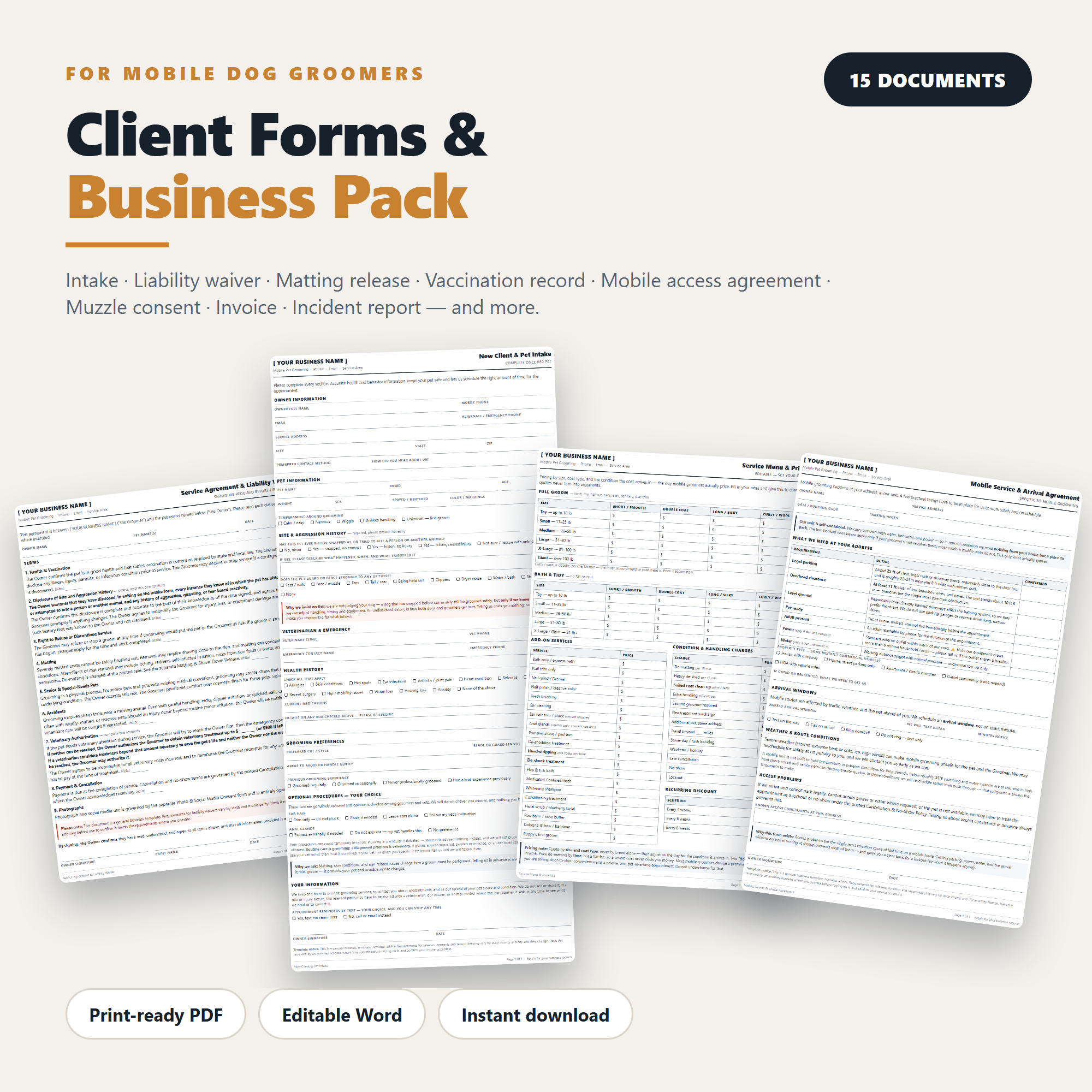 Mobile Dog Grooming - Complete Client Forms & Business Pack (15 Documents)