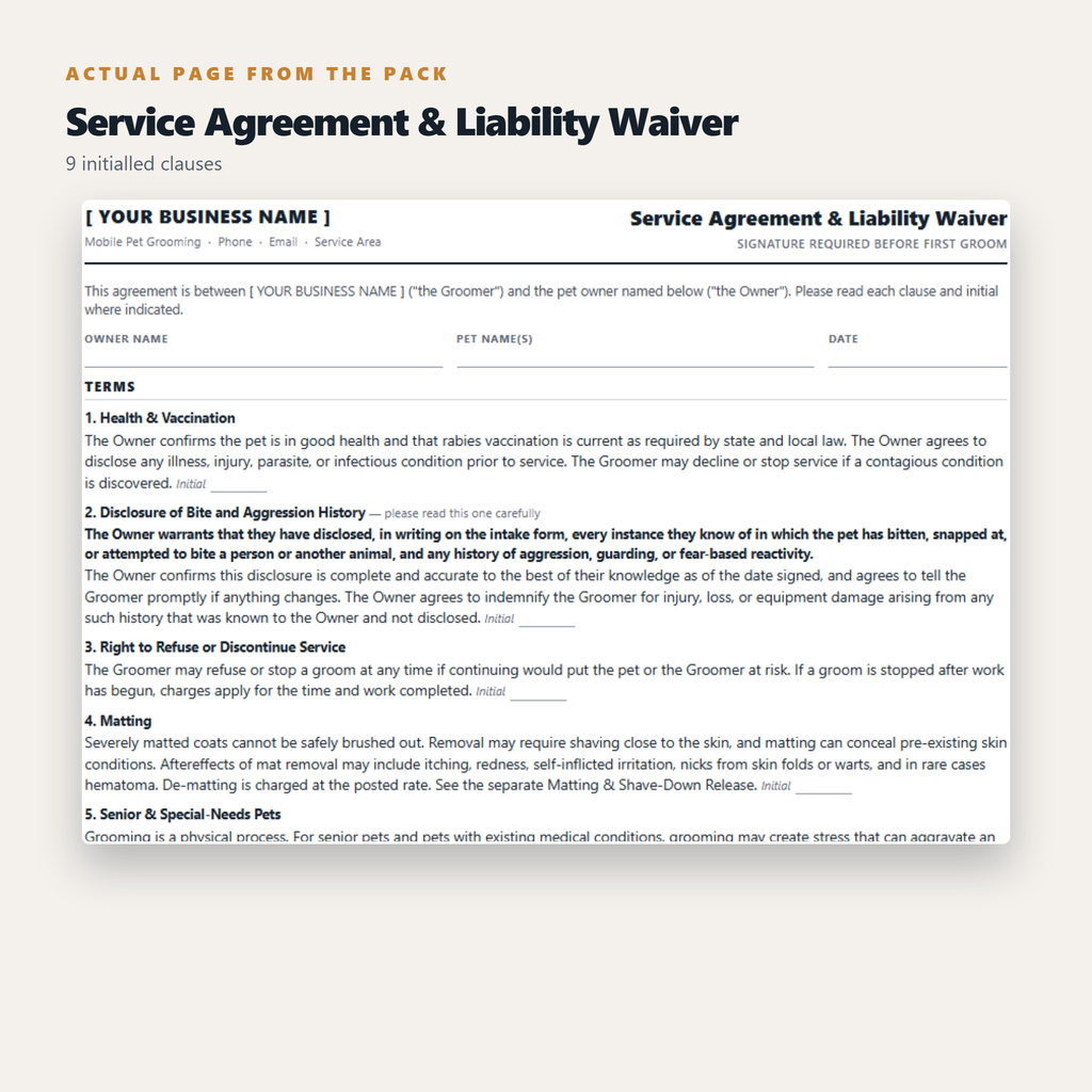 Mobile Dog Grooming - Complete Client Forms & Business Pack (15 Documents)