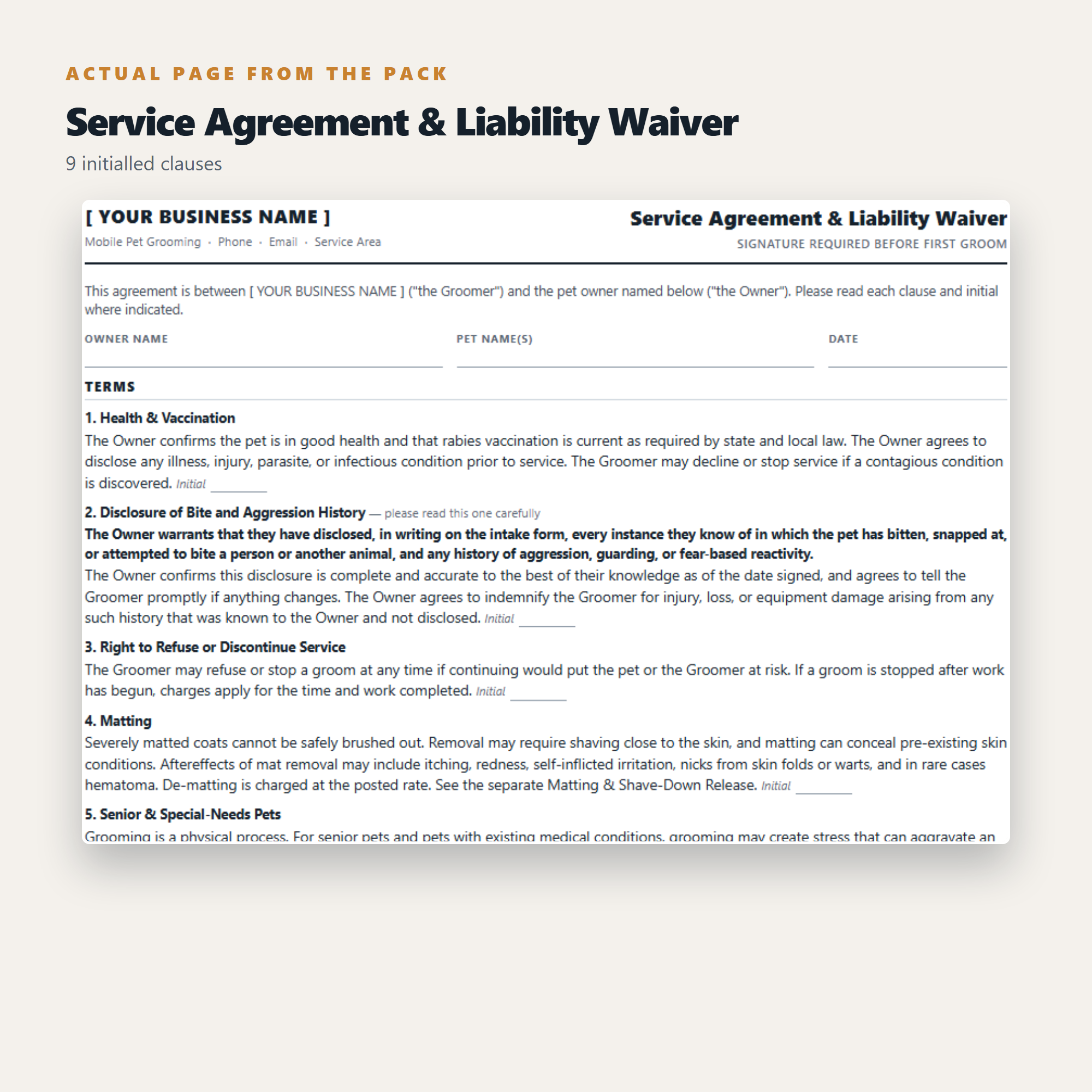 Mobile Dog Grooming - Complete Client Forms & Business Pack (15 Documents)