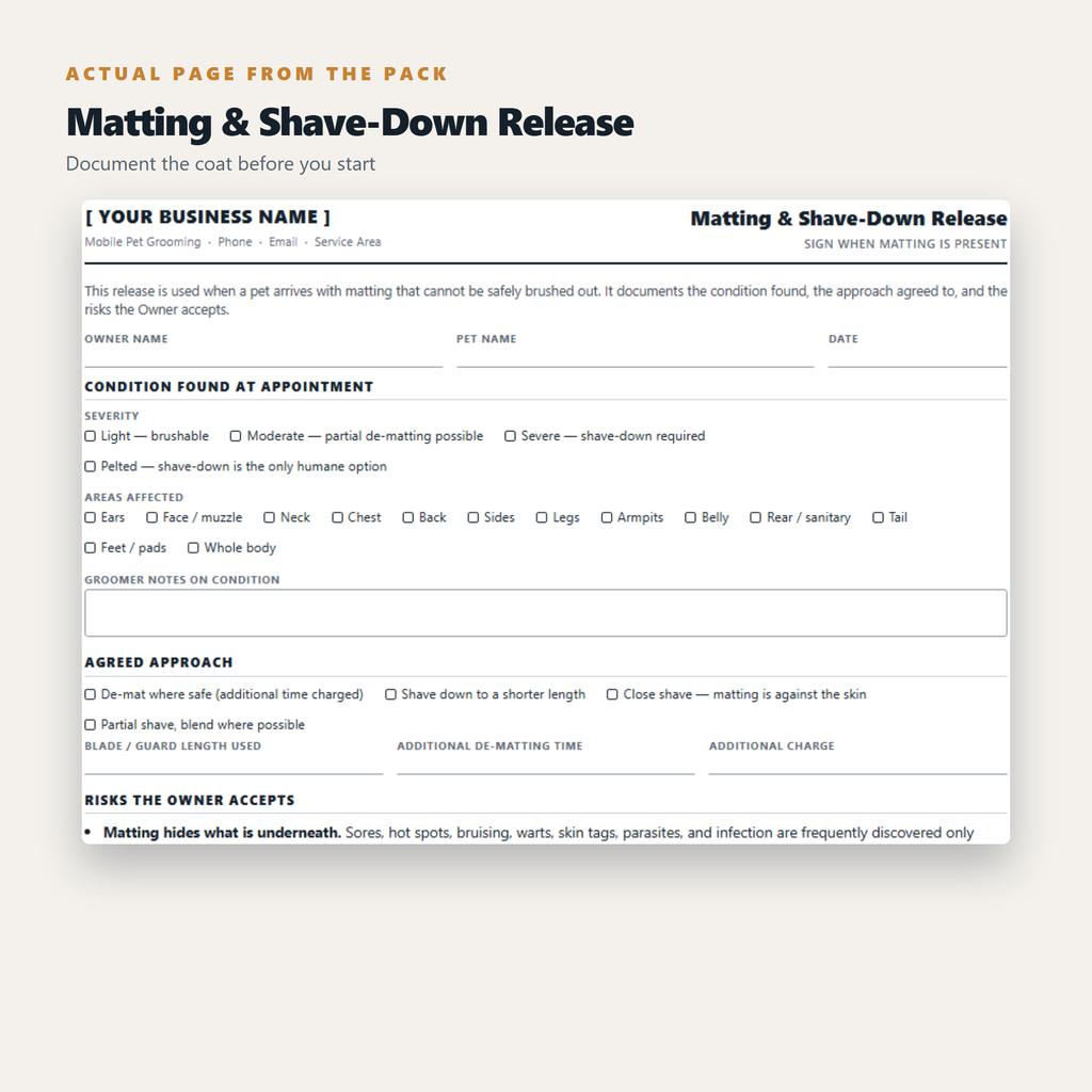 Mobile Dog Grooming - Complete Client Forms & Business Pack (15 Documents)