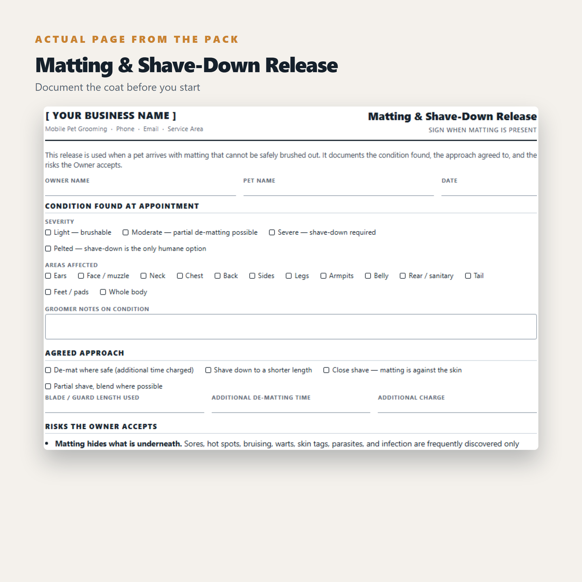 Mobile Dog Grooming - Complete Client Forms & Business Pack (15 Documents)