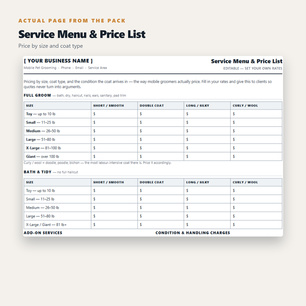 Mobile Dog Grooming - Complete Client Forms & Business Pack (15 Documents)