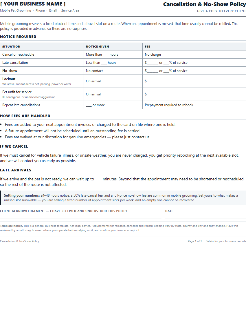 Dog grooming cancellation and no-show policy template preview