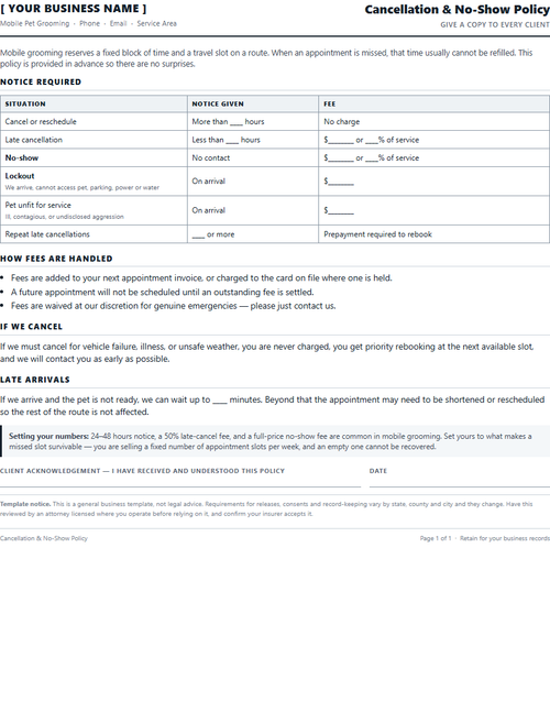Dog grooming cancellation and no-show policy template preview
